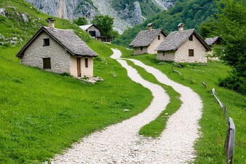 Fototapeta premium Serene Alpine Village: Winding Path Through Lush Green Valley and Stone Houses with Thatched Roofs