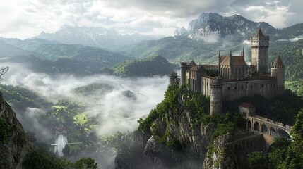 Naklejka premium a beautifully detailed 360-degree panorama of a medieval European castle, perched on a hilltop, with mist rising from the valley below. 
