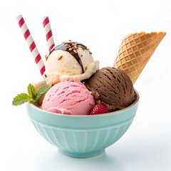 Trio of tasty chocolate vanilla and strawberry flavored frozen dessert in a blue bowl with two wafer straws.