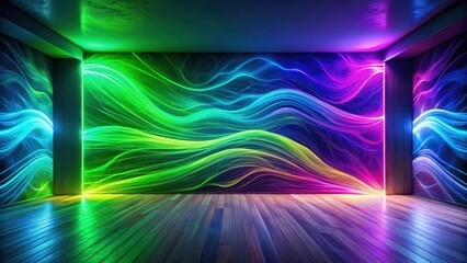 Abstract Room with Vibrant Neon Wave Wall and Polished Wooden Floor Featuring Dynamic Light Streaks and Glowing Hues