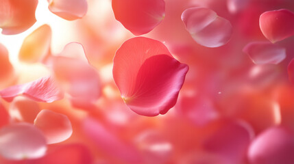 falling vibrant pink and red rose petals, creating a beautiful and romantic scene. The image evokes feelings of love and freshness