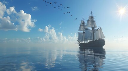 Obraz premium A ship in a calm ocean depicting a blue sky with birds flying above.