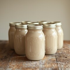 Four glass jars of nut milk elegantly arranged on a wooden table with a soft morning glow