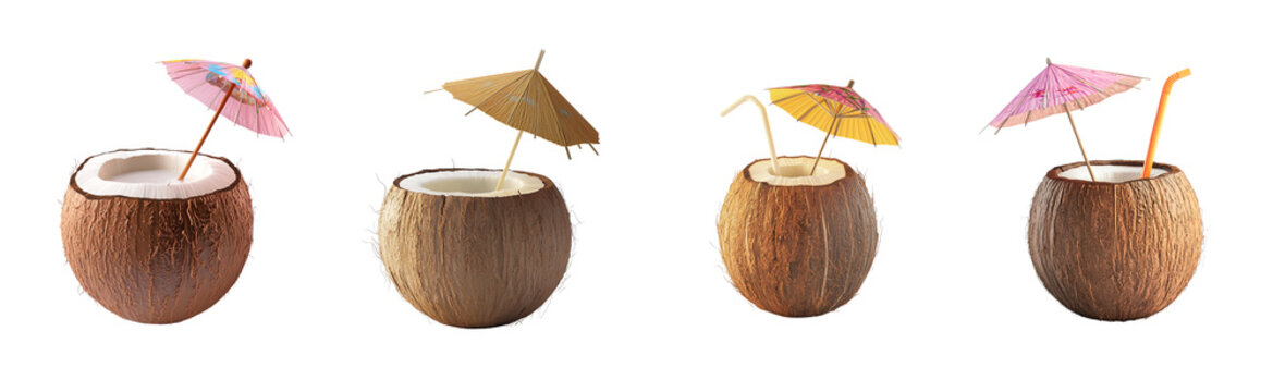 A 3D simple coconut drink with a straw and a tiny umbrella, featuring a brown shell and a transparant background