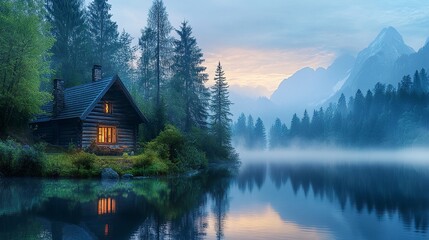 Fototapeta premium Tranquil wooden house by a lake in the forest mist-shrouded mountains beyond dusk sky painted in warm and cool tones peaceful setting. 