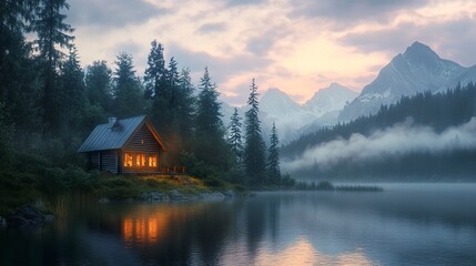 Fototapeta premium Tranquil wooden house by a lake in the forest mist-shrouded mountains beyond dusk sky painted in warm and cool tones peaceful setting. 