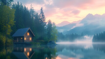 Fototapeta premium Tranquil wooden house by a lake in the forest mist-shrouded mountains beyond dusk sky painted in warm and cool tones peaceful setting. 
