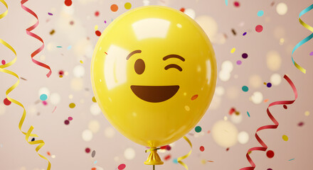 Joyful Yellow Emoji Balloon with Confetti and Ribbons A Celebration of Happiness and Festivity