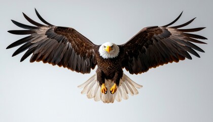 Fototapeta premium Eagle soars with widespread wings against white backdrop for wildlife publications