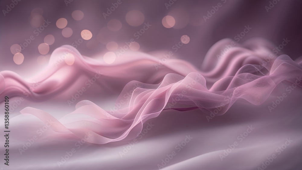 Poster soft pink fabric gracefully flowing over a smooth surface with a subtle bokeh background creating an