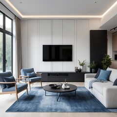Modern Living Room Interior Design with Blue Rug and Flat Screen TV