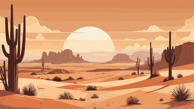 Desert landscape abstract art background. Texas western mountains and cactuses. Vector illustration of Wild West desert with red sky and sun. Design element for banner, flyer, card, sign template.