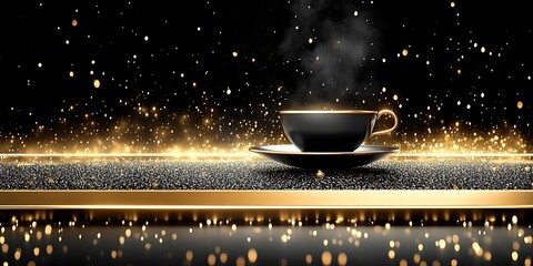 Elegant coffee break amidst sparkling lights on reflective surfaces