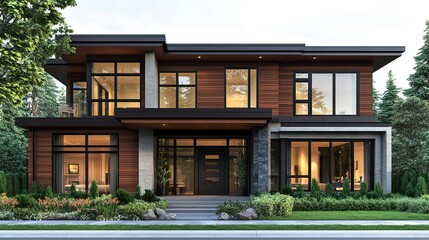 Fototapeta premium Upscale modern house featuring wood and concrete materials, large windows, and a rooftop terrace perfectly rendered on a white background 