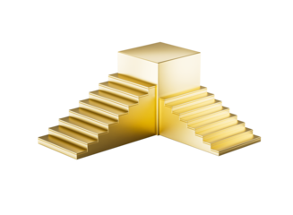 Golden staircase with two sets of symmetrical stairs leading to a central platform. 3D Illustration.