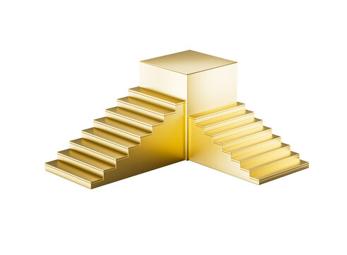 Golden staircase with two sets of symmetrical stairs leading to a central platform. 3D Illustration.
