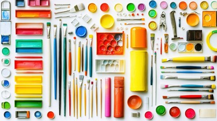 Fototapeta premium Organized Painting Tools and Accessories on White Background