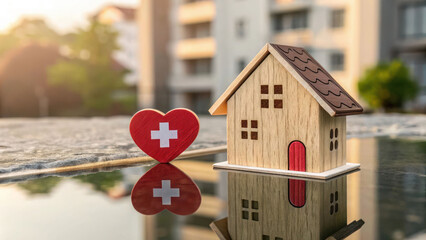 A wooden house figurine with a red heart and a medical cross icon on a reflective surface, representing access to quality healthcare and financial protection.