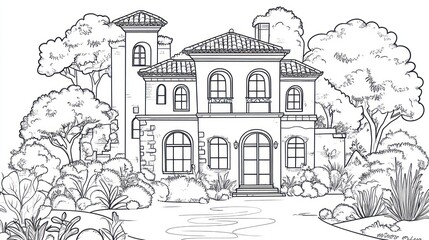 Obraz premium Elegant drawing of a Mediterranean villa with landscaping