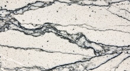 Fototapeta premium A Close-up View of Alaska White Granite, Featuring a Bright, Icy White Background With Bold Gray and Black Veins Weaving Through the Surface-
