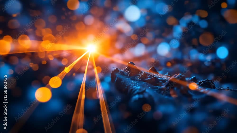 Canvas Prints abstract digital artwork with bright orange light rays and blue bokeh background