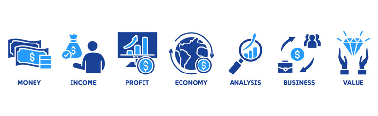 Banner of cash flow web vector illustration concept with icons of money, income, profit, economy, analysis, business, value 