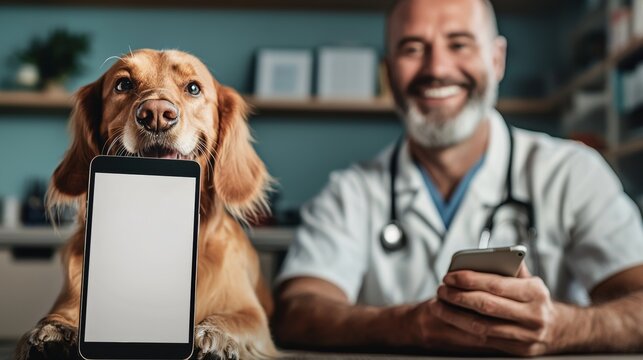A man and a dog are sitting at a desk with a tablet and a cell phone. The man is smiling and the dog is holding a tablet