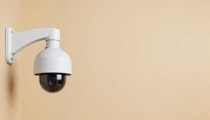 Security camera mounted on wall against neutral background  