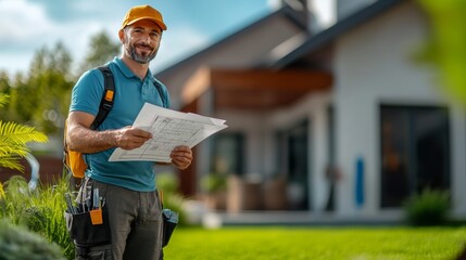 Obraz premium A man in a blue shirt is holding a piece of paper and smiling. He is standing in front of a house