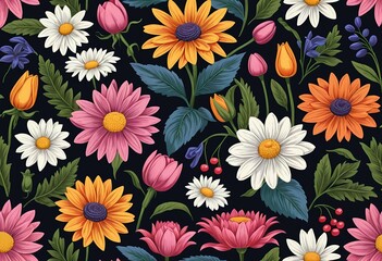 Seamless Floral Pattern with Daisies, Tulips, and Sunflowers