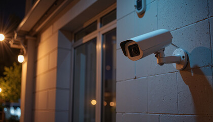 Security camera monitoring at night against a building wall  