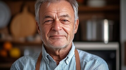 A man with a beard and gray hair is smiling at the camera. He is wearing a blue shirt and a brown apron
