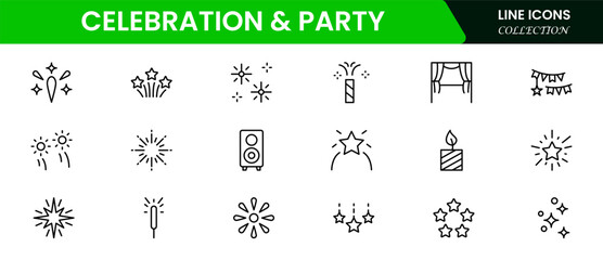 Celebrate icon set. Containing celebration, fireworks, cheers, party, gifts, champagne, surprises, events, balloons, and invitations. vector collection.