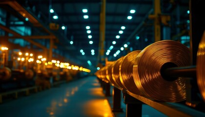 Obraz premium Industrial wire spools at factory, production line, warm light background, metal work