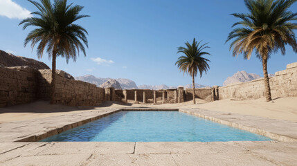 Obraz premium Serene Oasis with Pool Surrounded by Palm Trees and Mountains Under Bright Blue Sky
