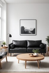 Fototapeta premium Modern Living Room Interior with Black Leather Sofa and Wooden Coffee Table
