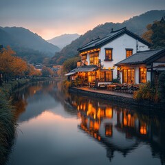 Fototapeta premium Scenic view of a charming house by a river with reflection of an ancient village creating a tranquil and picturesque landscape