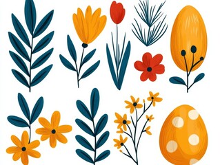 Decorative stylized easter eggs placed beside abstract floral foliage on clean white background representing minimal seasonal celebration concept in spring vector artwork