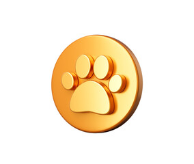 Golden circular button with a white paw print symbol, representing pets or animals. 3D Illustration