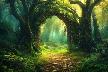 Obraz premium Enchanting teleport portal in a magical forest setting.