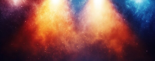 Naklejka premium A vibrant stage illuminated by bright spotlights, casting dramatic shadows. The backdrop features a deep blue sky adorned with twinkling stars, creating a magical atmosphere for performers.