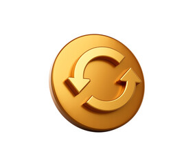 Golden circular button with a refresh icon featuring two curved arrows, 3d illustration