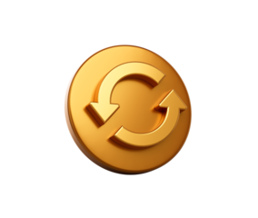 Golden circular button with a refresh icon featuring two curved arrows, 3d illustration