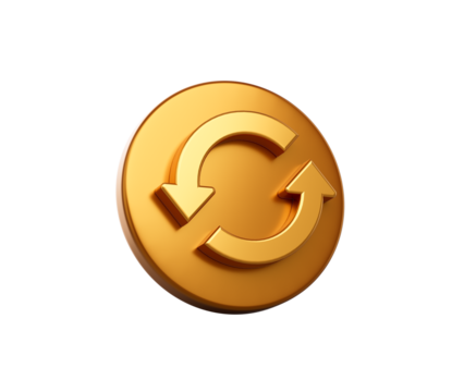 Golden circular button with a refresh icon featuring two curved arrows, 3d illustration