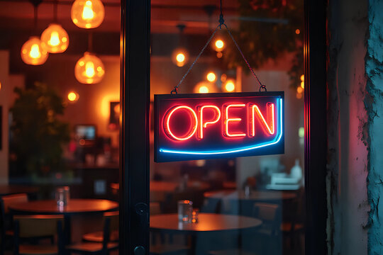 A business sign that says open on cafe or restaurant hang on door at entrance.