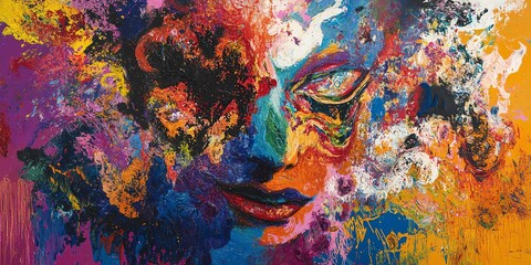 Naklejka premium Abstract colorful painting of a woman's face, vibrant hues and expressive brushstrokes. Perfect for modern interiors.