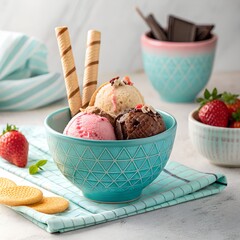 Trio of tasty chocolate vanilla and strawberry flavored frozen dessert in a blue bowl with two wafer straws.