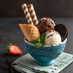 Trio of tasty chocolate vanilla and strawberry flavored frozen dessert in a blue bowl with two wafer straws.