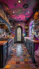 Fototapeta premium Vibrant bohemian kitchen with colorful tile floor, painted ceiling, and eclectic decor. Unique, artistic, and whimsical design.