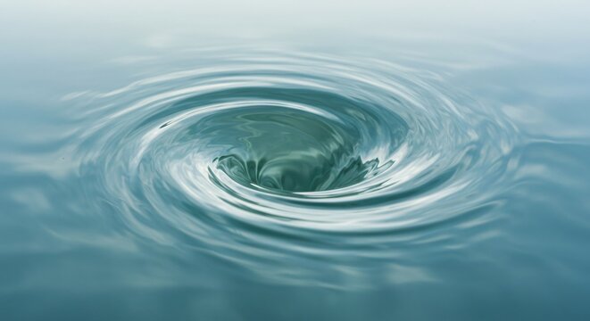 Whirlpool on blue-green water surface, circular eddy current for risk, danger concept, liquid funnel for natural disaster graphic, abstract background design texture.